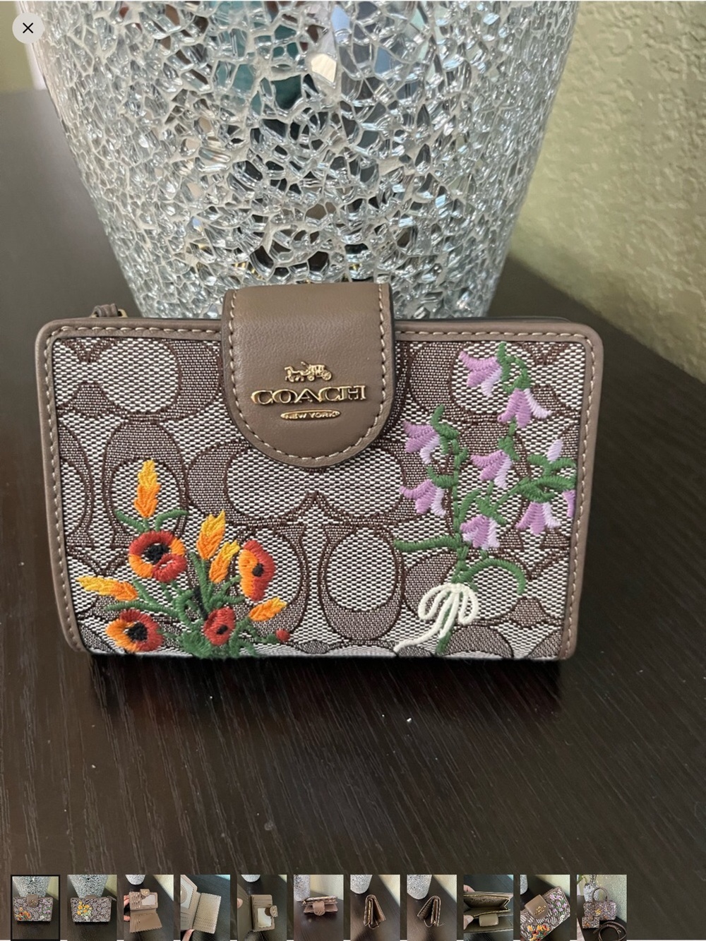Coach Brown Signature Wallet with Purple and Orange Floral Embroidery